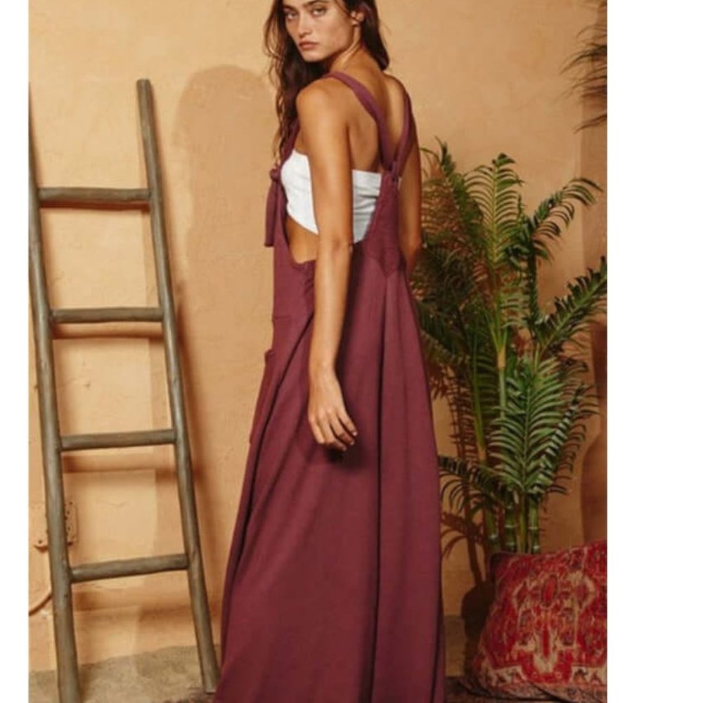 FRENCH TERRY SLOUCHY OVERALL JUMPSUIT in Wine Color - Picture 3 of 6